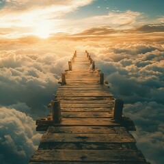 Wall Mural - Dreamy Wooden Pathway Among Clouds at Sunrise