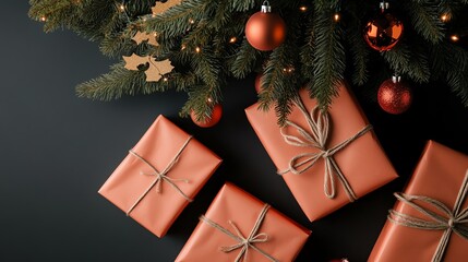 Close-up of presents wrapped in orange paper with twine and a Christmas tree branch with ornaments on a black background.