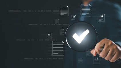 Poster - Businessman holding a magnifying glass with icons, steps review concept,Go through documents with checkbox lists, rules of conduct and policies,Company Articles of Association Terms and Conditions