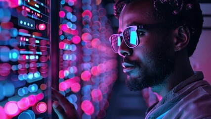 Leinwandbilder - A technician in glasses studies glowing server racks filled with colorful lights in a modern tech facility during the night, focusing intently on the data.