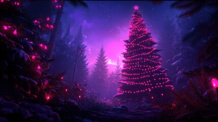 Wall Mural - Festive Christmas tree illuminated with pink lights in a mystical forest.