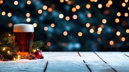 Sticker - Festive beer glass with Christmas decor, soft glowing lights in background.