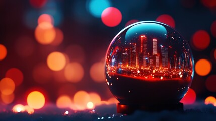 Wall Mural - Glass orb reflecting a vibrant cityscape with colorful bokeh lights.