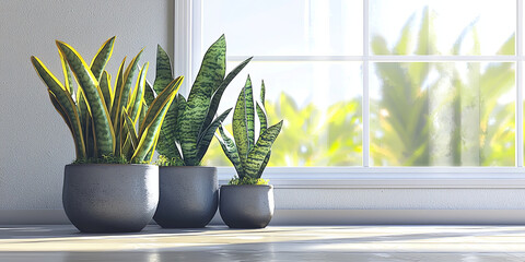 Wall Mural - Potted snake plants and one large plant in a grey ceramic pot, generative AI