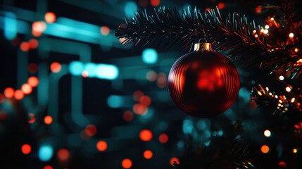 Sticker - Red Christmas ornament hanging on tree branch with vibrant blurred lights.