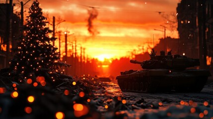 Wall Mural - Tank near Christmas tree, sunset background, urban landscape.