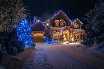 Snowy House with Blue and Red Christmas Lights