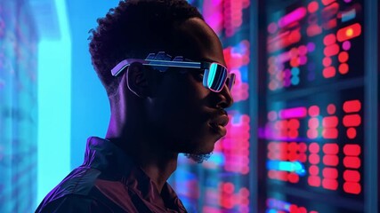 Fototapete - A person is immersed in a cutting-edge tech environment, showcasing bright, colorful digital displays while wearing futuristic sunglasses, creating an intriguing atmosphere.