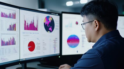 A professional analyzing data on multiple screens, featuring colorful graphs and charts in a modern office setting.