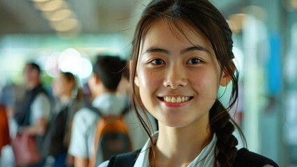 Poster - A joyful student stands out with a bright smile, engaging with peers in a lively atmosphere full of energy as they enjoy a school event on campus.