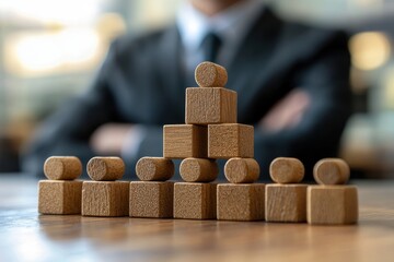 A businessman stands behind a pyramid of wooden blocks, symbolizing structure, strategy, and growth in a professional environment.