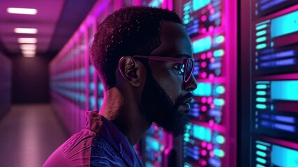 Leinwandbilder - The man stands quietly, captivated by rows of illuminated server racks in a data center. The vibrant blue and pink lights create a futuristic ambiance in the evening.