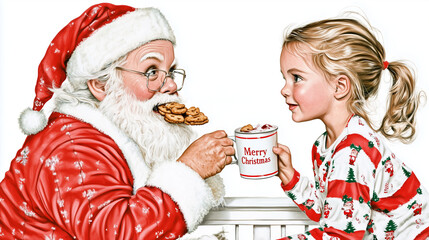 Wall Mural - Santa Claus is eating cookies, girls hold a mug with hot chocolate. They are enjoying the snake time.