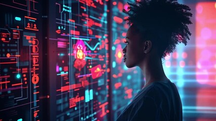 Poster - A woman stands in front of vibrant digital displays filled with flowing data and graphics, reflecting curiosity and contemplation in a high-tech atmosphere.