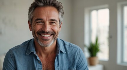 Handsome happy middle age senior man standing and smiling in bright living room indoor with a confident smile showing teeth