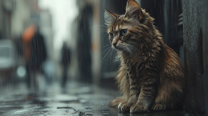 a homeless cat with a dirty face and torn fur sits on a damp street corner, watching people pass by.