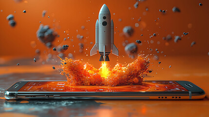 Poster - A white rocket ship taking off from a smartphone with a fiery orange trail and debris flying off to the side.