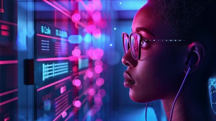 Leinwandbilder - A young woman with glasses listens to music through headphones as she analyzes colorful data on digital screens, immersed in a tech-focused environment illuminated by colorful lights.