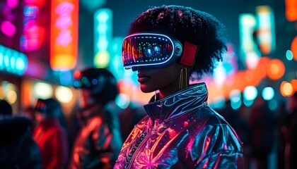 Poster - Futuristic vision A futuristic New Year’s celebration in a neon-lit city, with holographic fireworks and people wearing sleek, high-tech outfits.