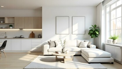 Poster frame mock up in modern home living room interior with white sofa and coffee table with decor, 3d render