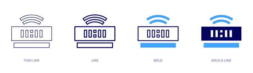 Auto alarm clock icon in 4 different styles. Thin Line, Line, Bold, and Bold Line. Duotone style. Editable stroke