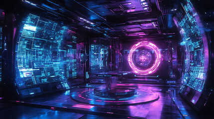 Aufkleber - Futuristic room with glowing screens and a circular portal.