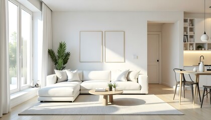 Poster frame mock up in modern home living room interior with white sofa and coffee table with decor, 3d render