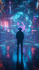 Aufkleber - A man in a VR headset stands in a futuristic city with a digital globe in front of him, surrounded by data streams and holographic interfaces.