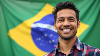 Happy, smiling man stands in front of a blurred Brazilian flag, symbolizing patriotism and national pride. Brazilian Independence Day. Love for the country. National holiday in Brazil.