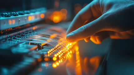 Aufkleber - A hand reaches out to connect a fiber optic cable to a server rack.