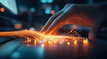 Poster - A hand reaches out to touch a glowing bundle of fiber optic cables, symbolizing the flow of data and connectivity in the digital age.
