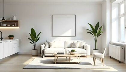 Poster frame mock up in modern home living room interior with white sofa and coffee table with decor, 3d render