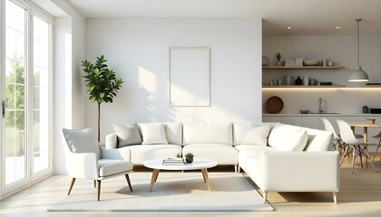 Poster frame mock up in modern home living room interior with white sofa and coffee table with decor, 3d render