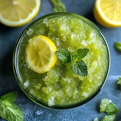 Canvas Print - Close-up of a refreshing green smoothie with lemon and mint.