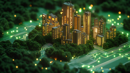 Aufkleber - A miniature city with glowing lights nestled amongst green trees on a circuit board.