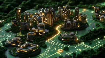 Aufkleber - A futuristic cityscape with glowing lights sits on a circuit board, symbolizing the intersection of technology and urban development.