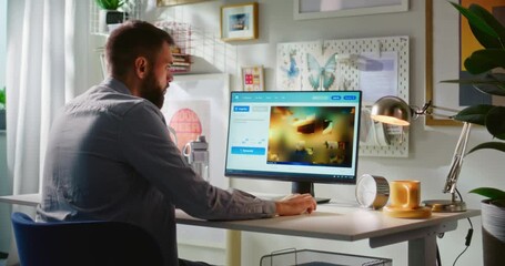 Fototapete - Adult man types prompt in AI image generator on PC. Artificial intelligence software generates detailed photo of steampunk airship. From text prompt to realistic generated image. Automated artwork.