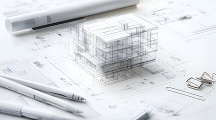 Architectural blueprint design and engineering technical drawing of a 3D wireframe model for a residential or commercial building construction project