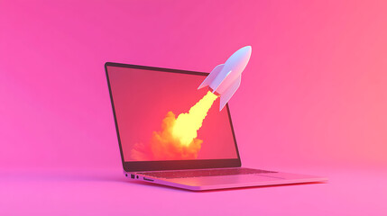 Aufkleber - A white rocket ship launching from a laptop screen with smoke and fire against a pink background.
