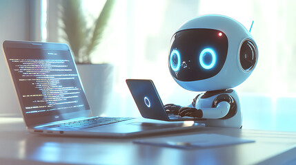 Poster - A small white robot is working on a laptop computer, with a larger laptop displaying code in the background.
