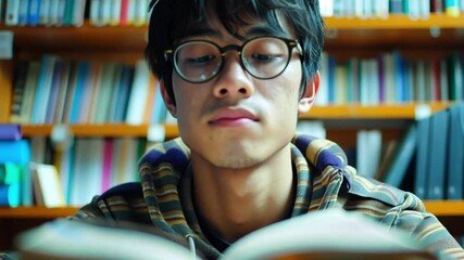 Poster - A young man sits at a wooden table, deeply focused on a book in a quiet library. The warm lighting enhances the comforting atmosphere filled with numerous books.