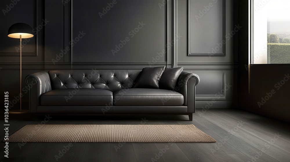 Elegant black leather sofa in a dark minimalist living room with a ...