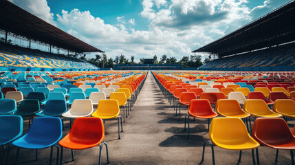 Wall Mural - A wide-angle shot of a stadium with rows of empty plastic chairs, the seats forming a colorful sea under the open sky. The anticipation of the event is captured in the stillness of the empty seats.