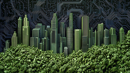 Aufkleber - A cityscape made of green plants emerges from a circuit board background, symbolizing the integration of nature and technology.