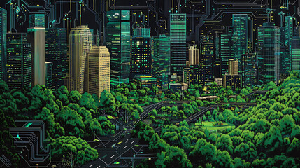 Poster - a futuristic cityscape with a green park and technological elements overlayed.