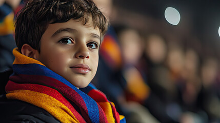 A young football fan in a colorful scarf watches the match with anticipation. The fan's excitement is palpable as they grip the scarf tightly, reflecting the intense emotions of the game.