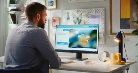 Fototapete - Adult man types text prompt in AI video generator on computer. Artificial intelligence app generates detailed high-quality video of modern house. Advanced AI video creation technology. Generative art.
