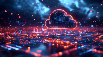 Aufkleber - A glowing cloud computing symbol floats over a futuristic cityscape of circuit boards and data streams.