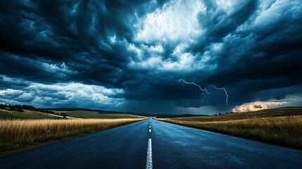 A long, straight road stretches through a field under a dark, stormy sky with a lightning bolt striking in the distance.