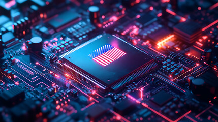 Aufkleber - An American flag is displayed on a computer chip.  The chip is surrounded by a circuit board and glowing neon lights.